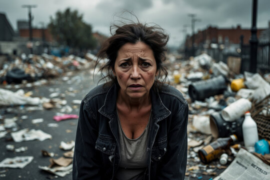 Pollution environment of city roadside street, woman walk garbage trash dump landfill AI Generative