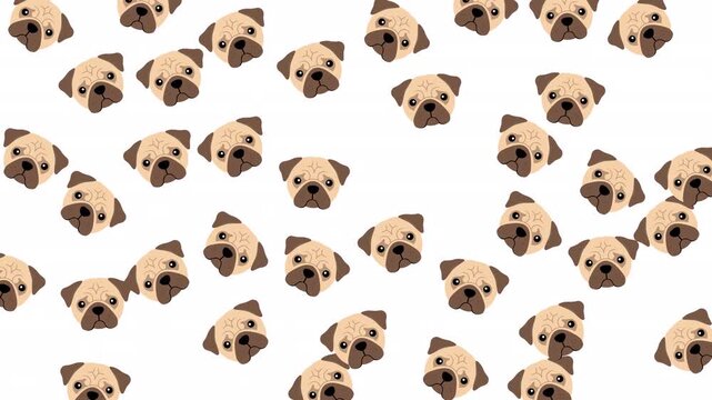 Many small pug dog faces on white background, perfect for creating cute animal head patterns in various designs, apparel, or merchandise.