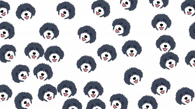 Many cute fluffy black white dog heads in a repetitive pattern ideal for backgrounds, petthemed designs, and animal lover projects.