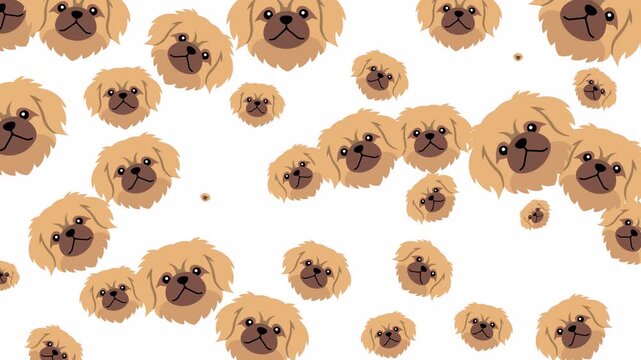 Multiple cartoon pekingese puppy dog faces pattern for design projects like childrens illustrations, pet products, or animalthemed merchandise.