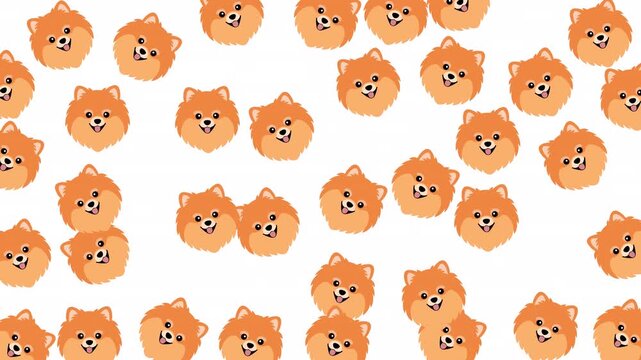 Many cute happy orange pomeranian dog faces pattern suitable for dog lovers products, petthemed designs, and vibrant print projects.