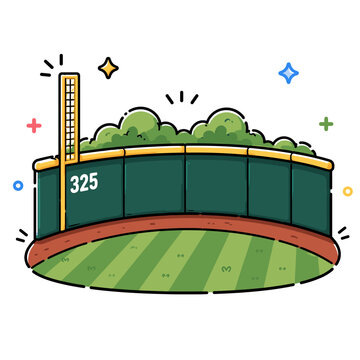 Baseball stadium outfield wall with foul pole and grass field