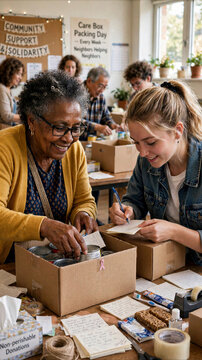 Multigenerational Volunteers Packing Charity Care Packages with Food and Notes