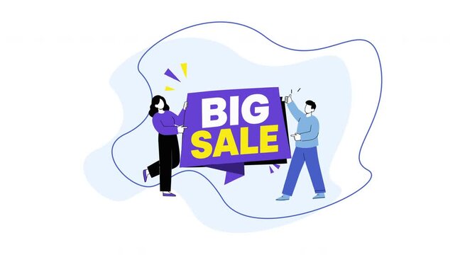 Animated flat vector illustration of a man and woman holding a big sale sign on a white background.