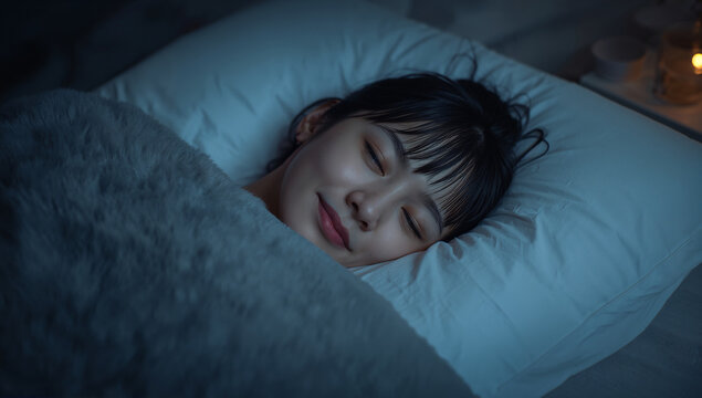 化粧をせず髪をまとめ灰色の毛布に包まれて眠る30代の日本人女性