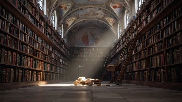 A serene library with towering bookshelves and a beam of light illuminating a pile of books on the floor.