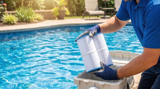 A man stands by a clear blue pool while he takes out a new filter to install. The sun shines brightly on the water and the surrounding area. This takes place at a home