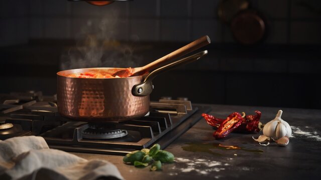 Moodily lit kitchen scene with steaming copper saucepan on stove with herbs and spices