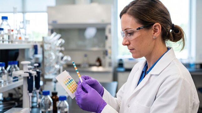 A scientist in a laboratory checks test strips while analyzing samples. The room is filled with equipment, containers, and bright lights. The scene shows focused work on research