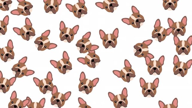 Many brown and white french bulldog faces patterns repeated multiple times. Perfect for petthemed designs and dog lover products.