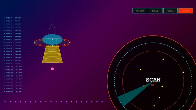 A digital robotic harvesting interface monitors spatial data coordinates while tracking unidentified flying objects across a dark purple screen during a simulated surveillance mission cycle
