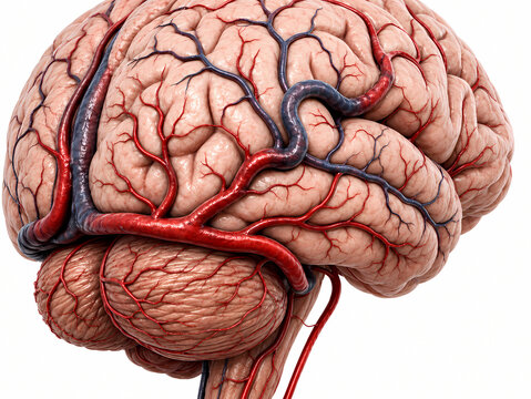 Detailed Human Brain Lateral View with Intricate Cerebral Blood Vessels and Sulci