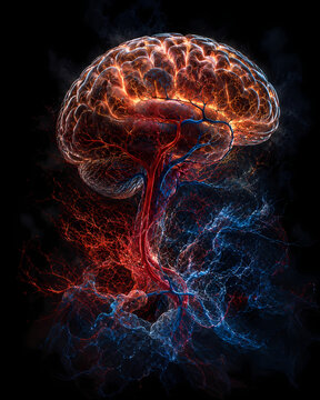 Glowing Human Brain Concept Illustration with Neural Network and Cosmic Energy Plasma