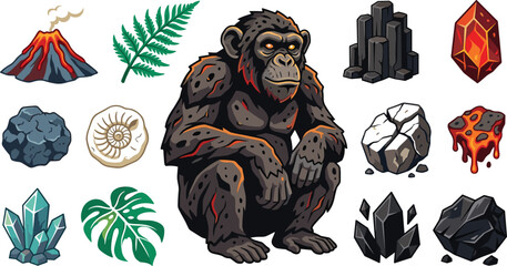 Prehistoric chimpanzee illustration set with erupting volcano basalt pillars crystals and fossils for educational science textbooks and game design graphics © Protima