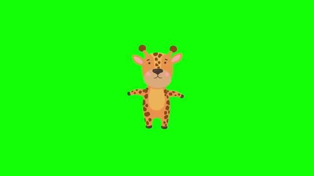 Cute cartoon giraffe character animation with long neck isolated on a green screen background. Ideal for nature/geography educational videos, kids' entertainment, and interactive media
