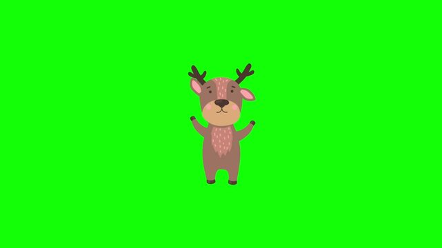 Cute cartoon deer character waving its hands on a green screen background. Great for forest wildlife themes, nature adventure vlogs, children's storybooks, and winter holiday animation projects