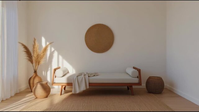 Minimalist daybed in sunlit neutral room with woven decor pampas grass and cozy textiles