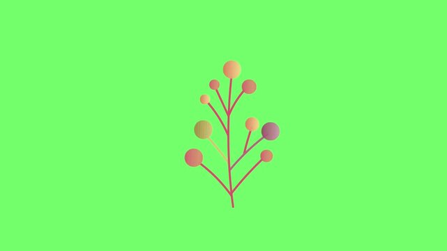 Whimsical cartoon branch animation with multiple small colorful round buds/berries moving on a green screen background. Great for fantasy decorations, fairytales, or magical plant concepts