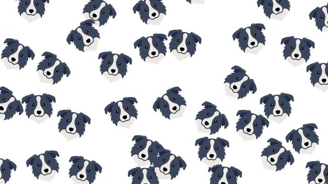 Repeated cartoon border collie dog head illustrations ideal for petrelated designs, childrens products, stationery, and animalthemed projects. Great for pattern design.