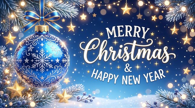 Merry Christmas and Happy New Year text typography with blue bauble and golden stars on glowing background