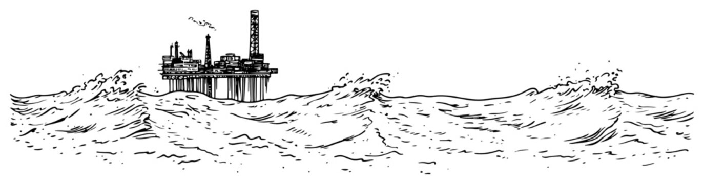 Offshore oil platform drilling rig in stormy ocean waves hand drawn sketch style