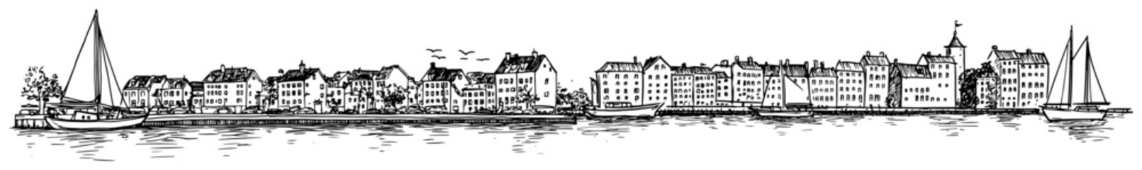 Coastal city waterfront with sailboats and historical houses in hand drawn sketch style © Kaz