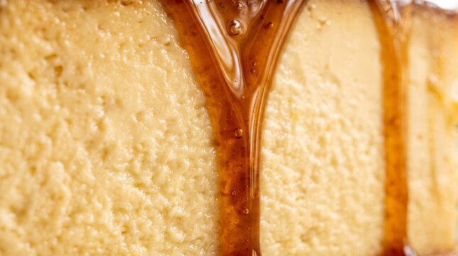 Commercial eye-level food photography of a large, traditional Brazilian caramel flan custard cake on a glass platter, with a perfect slice being lifted on a server spatula &ndash; premium dessert branding, 
