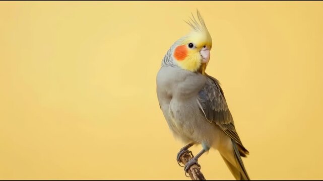 Yellow crested cockatiel perched on branch with soft warm yellow background cheerful pet bird parrot
