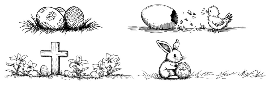 Easter holiday elements collection with bunny chicks and decorated eggs in hand drawn sketch style