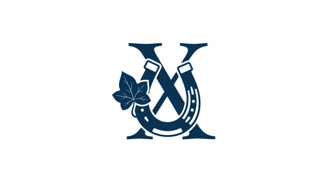 Crossed swords and horseshoe emblem with laurel leaf.