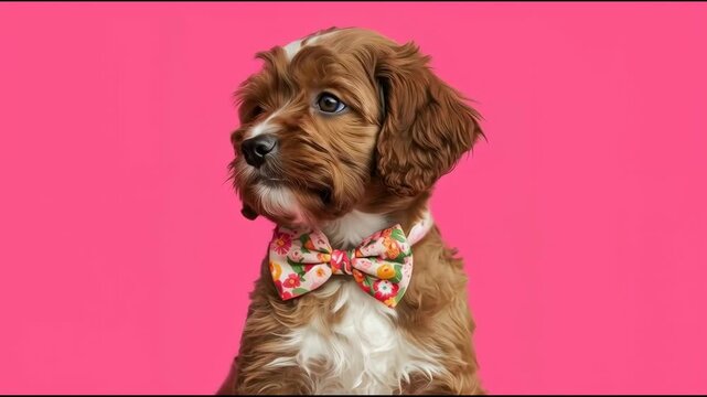 Brown and white puppy wearing floral bow tie pink background, playful charming portrait brown fur