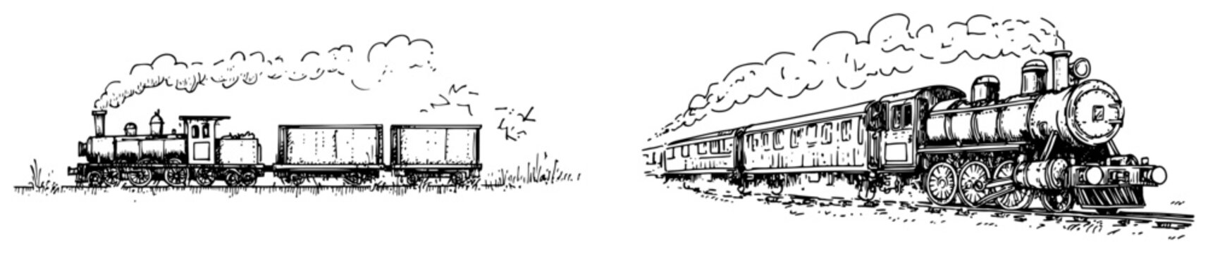 Vintage steam locomotive train with carriages on railroad in hand drawn sketch style