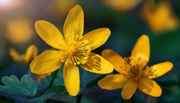 Closeup Of Yellow Spring Flowers Of Lesser Celandine