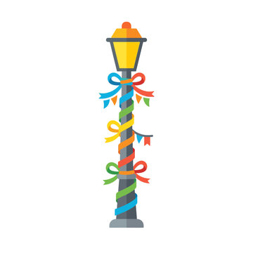 Festive Street Lamp Decorated with Colorful Ribbons and Bunting Flags