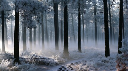 Fototapeta premium Sun rays through frosted pine forest with animal footprints
