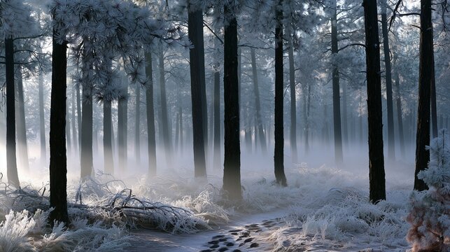 Sun rays through frosted pine forest with animal footprints