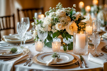 Fototapeta premium Decorated elegant tables decor composition for rustic wedding ceremony celebration AI Generative