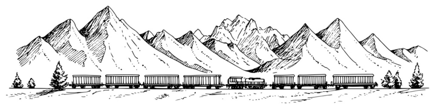Freight train traveling through mountain landscape with pine trees in hand drawn engraving style