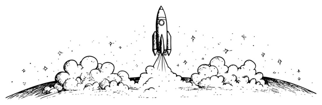 Rocket launch into space with smoke clouds and stars hand drawn sketch style