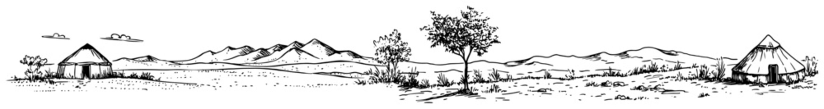 Nomadic yurt tents in a wide desert steppe landscape with mountains in hand drawn sketch style