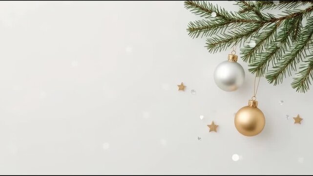 Elegant gold and silver Christmas bauble arrangement on fir branch with pine and soft bokeh lights