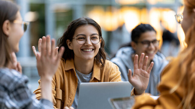 Faceless diverse university students sharing a joyful collaborative study moment, waving hands and greeting while working on assignments together on campus, defocused campus
