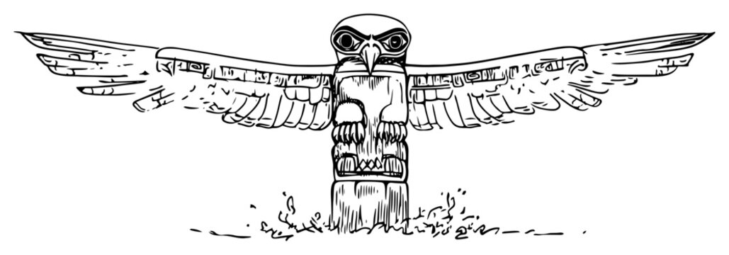 Native American totem pole eagle with outstretched wings in hand drawn sketch style