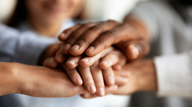 Faceless diverse group of people stacking hands in a symbol of unity and teamwork on a white background, clean inclusive composition, defocused white background, white background