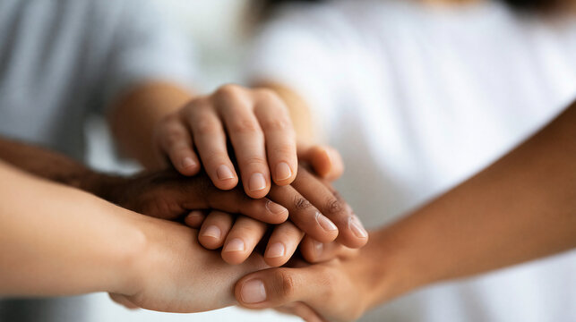 Faceless diverse group of people stacking hands in a symbol of unity and teamwork on a white background, clean inclusive composition, defocused white background, white background