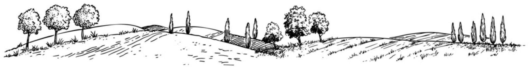 Obraz premium Tuscany rolling hills countryside panorama with cypress trees hand drawn engraving style