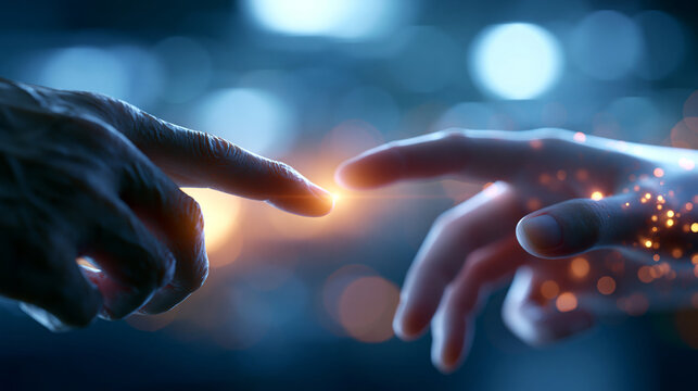 Faceless close-up 3D render sketch of two human hands reaching toward each other with fingertips nearly touching, representing connection hope creation and the human spark,