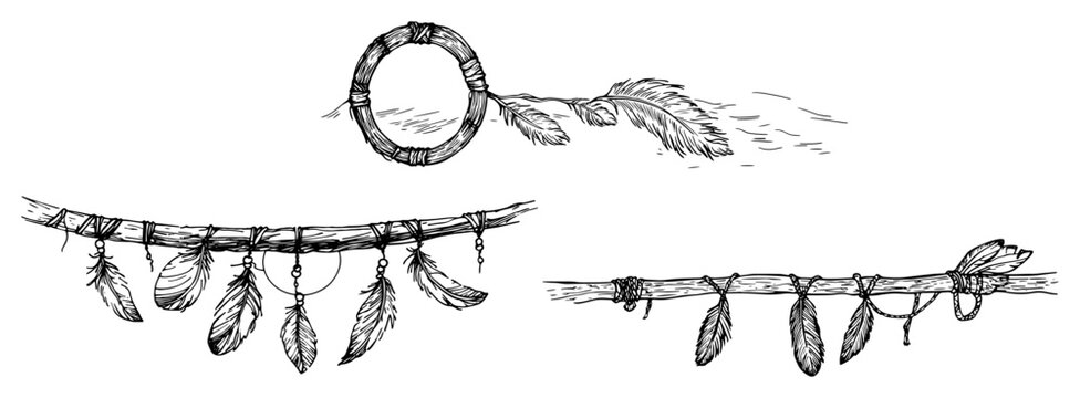 Bohemian dreamcatcher and hanging feathers on wooden branches in hand drawn sketch style