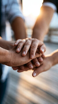 Faceless group of diverse people stacking hands in a powerful display of unity and teamwork on a wooden floor, warm light, defocused floor and surroundings in background, wooden