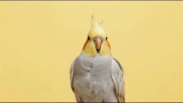 Yellow crested cockatiel portrait with orange cheek patch perched against soft pale yellow
